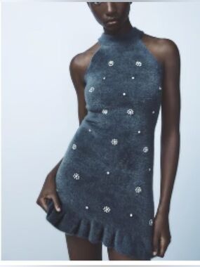 Zara Woman Rhinestones Pearls FAUX FUR BEADED HALTER DRESS Size S
